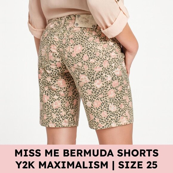 Miss Me Bermuda Shorts Stretch Denim Rhinestone Y2K Western 25 Floral Leopard - Picture 1 of 17